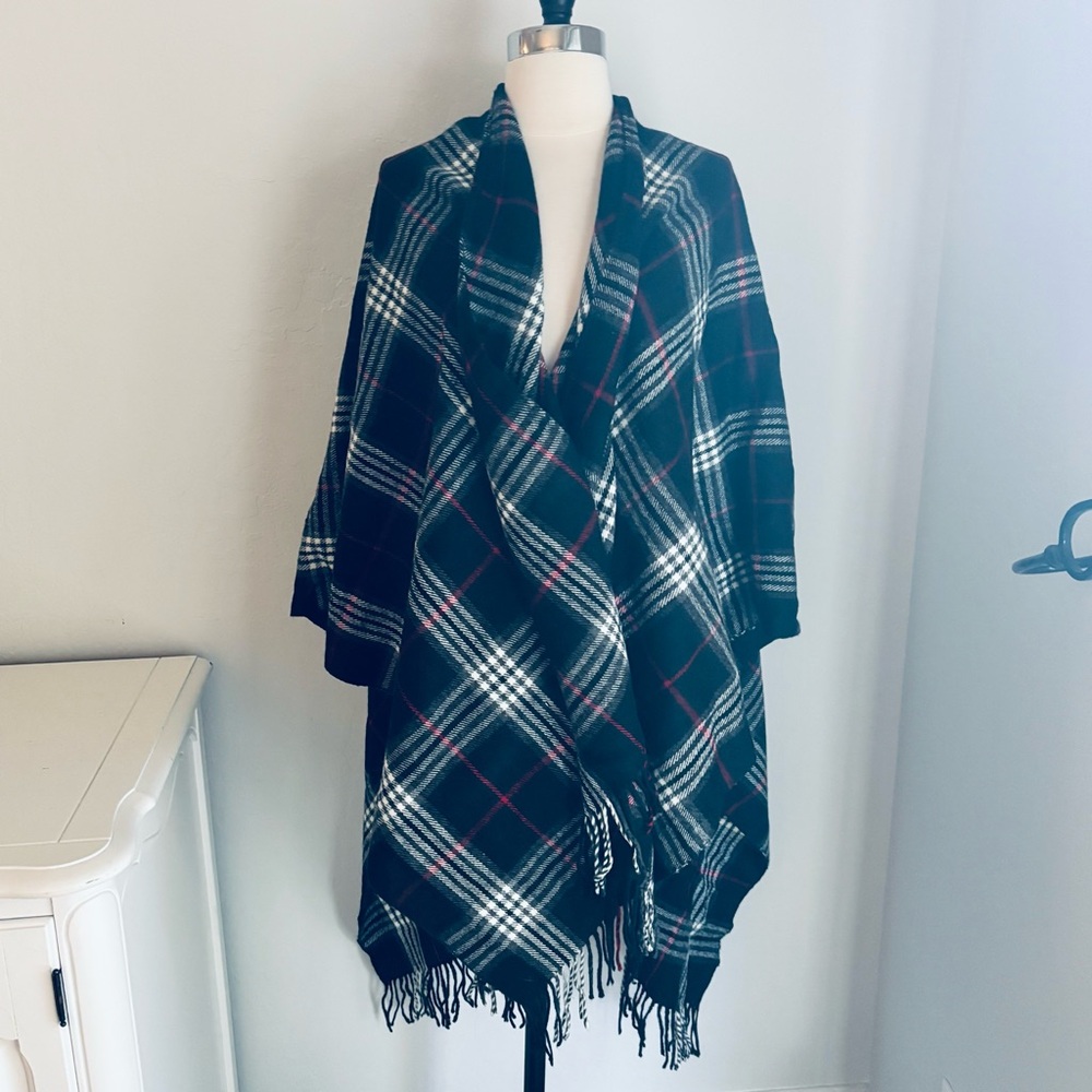 Plaid Knit Wrap Poncho in Black with Red & White, Fringe Hem, One-Size